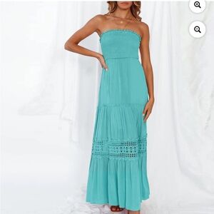 Aqua blue strapless smocked ruffle tiered maxi dress